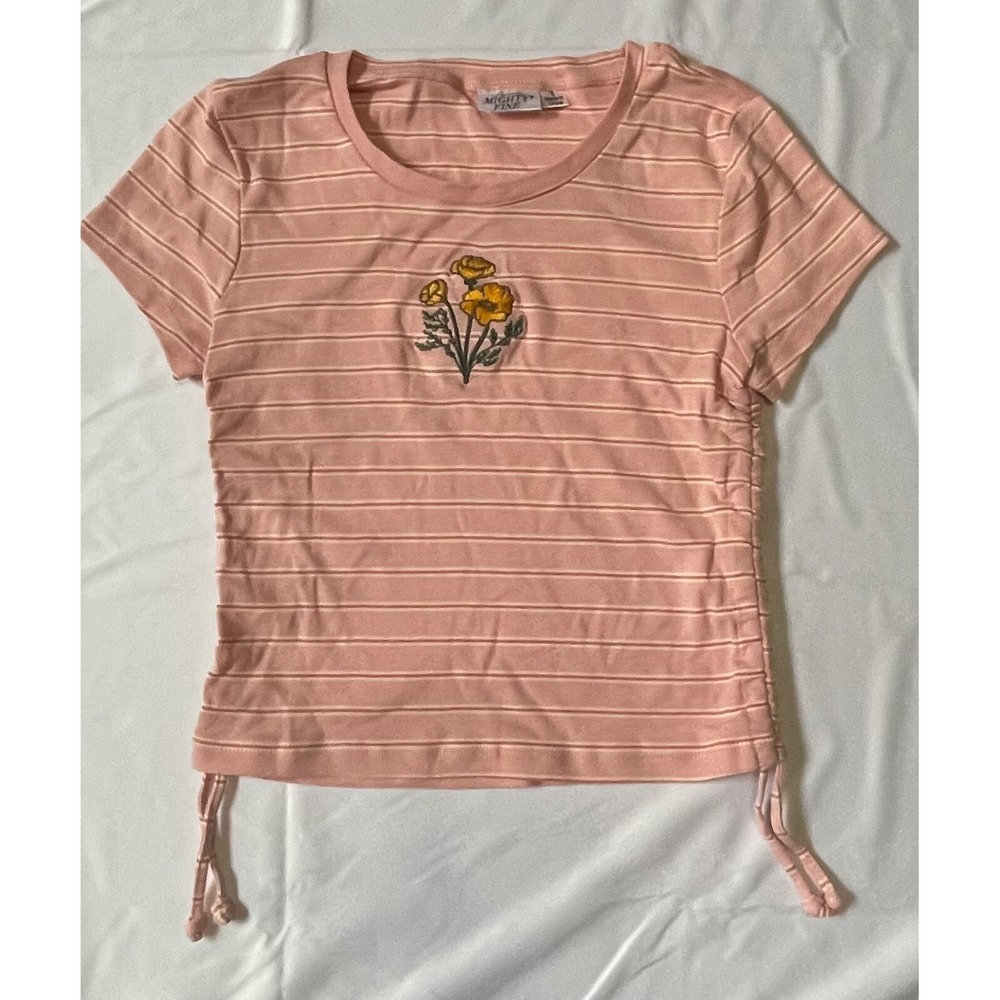 Pink White Striped Junior short sleeve top SIZE SMALL PINK EMBRODAL FLOWER